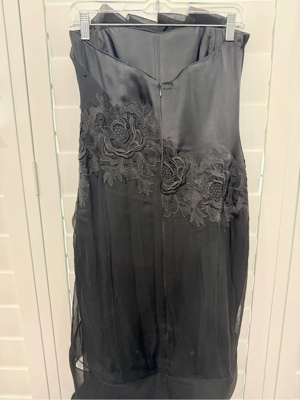 Black Strapless Floral Appliqué Evening Gown
